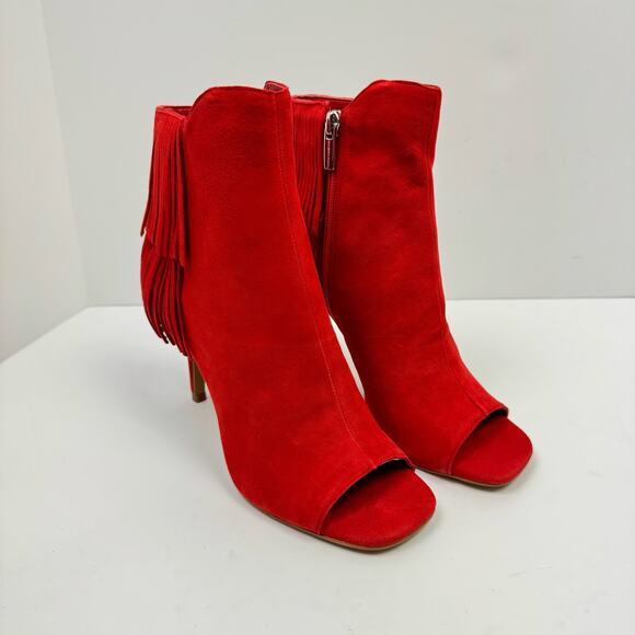 NEW Vince Camuto Amenala Bright Red Faux Suede Western Fringe Peep Toe Bootie - Picture 7 of 14